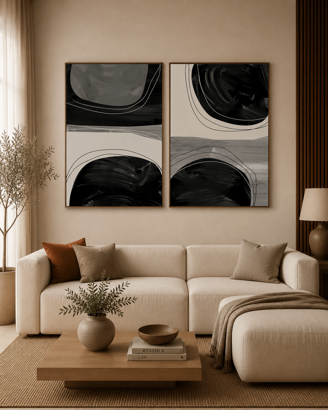 KIT 2 QUADROS DECORATIVOS - ABSTRATO PRETO E CINZA